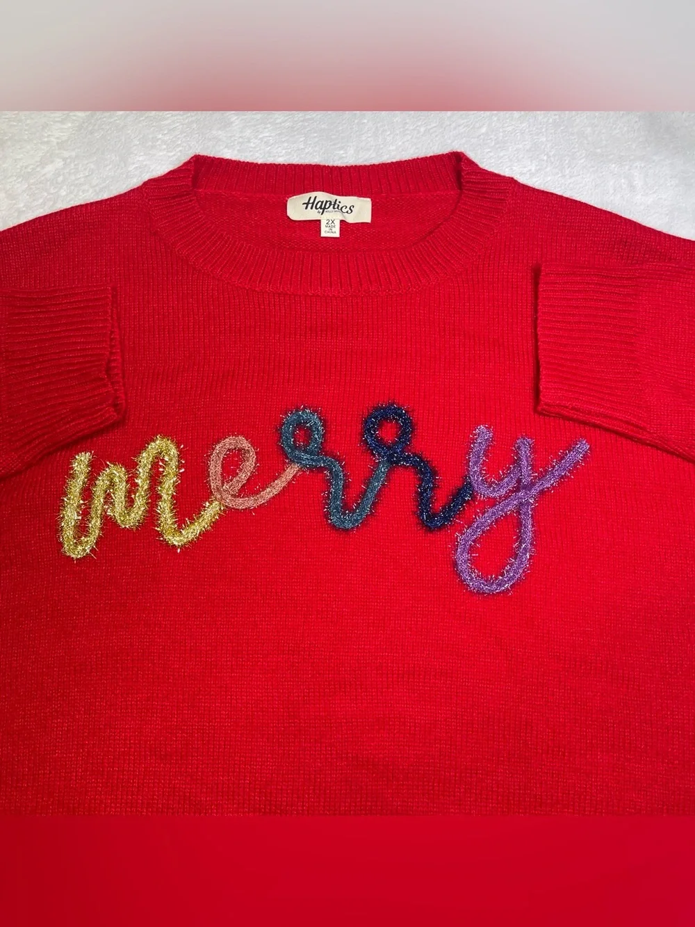 Haptics Red Merry Tinsel Script Christmas Sweater Women’s 2X Plus Holiday Party